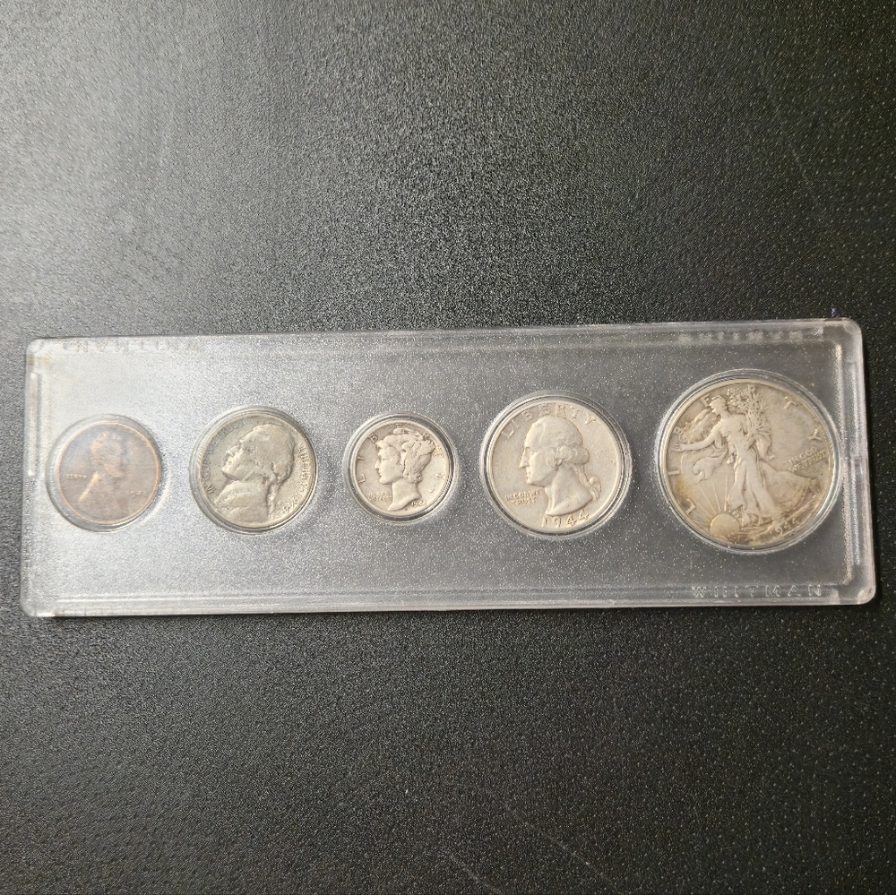 1944 US Coin Set - Half Dollar, Quarter, Dime, Nickel, Penny in Display Case